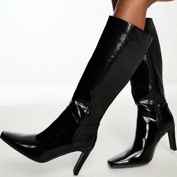 Public Desire Black Textured Heeled Knee Boots - Picture 1 of 2